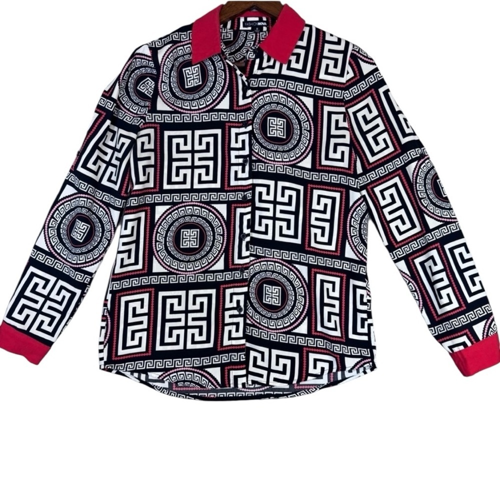 Fashion Nova Woman’s Black, White, Red Geometric Button Up Dress Shirt
